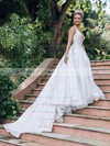 Glitter V-neck Court Train Ball Gown Beading Wedding Dresses #PWD00023806