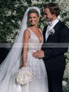 Glitter V-neck Court Train Ball Gown Beading Wedding Dresses #PWD00023806