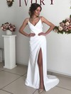 Silk-like Satin V-neck Sweep Train Sheath/Column Split Front Wedding Dresses #PWD00023807