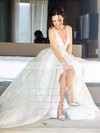 Glitter V-neck Court Train Ball Gown Wedding Dresses #PWD00023809