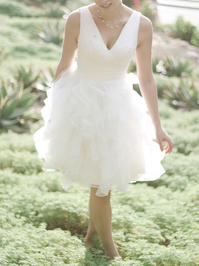 Elegant White Organza V-neck Ruffles Ball Gown Knee-length Wedding Dresses #PWD00020477