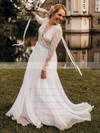 Lace Chiffon Scoop Neck Sweep Train A-line Wedding Dresses #PWD00023831