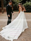 Tulle V-neck Court Train A-line Appliques Lace Wedding Dresses #PWD00023833
