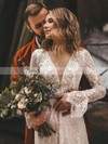 Lace V-neck Sweep Train A-line Sashes / Ribbons Wedding Dresses #PWD00023838