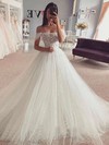 Tulle Off-the-shoulder Court Train Ball Gown Appliques Lace Wedding Dresses #PWD00023840
