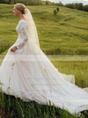 Tulle V-neck Court Train A-line Lace Wedding Dresses #PWD00023842