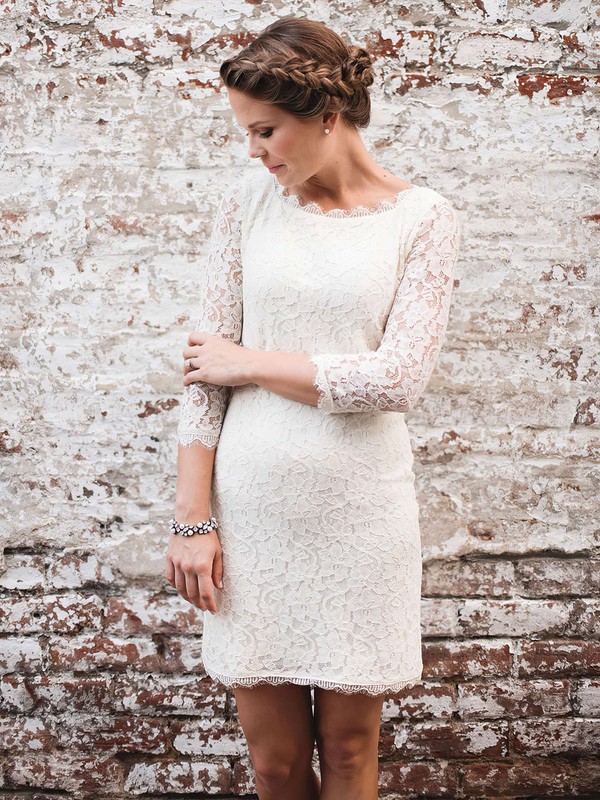 Lace Scalloped Neck Knee-length Sheath/Column Wedding Dresses #PWD00023843