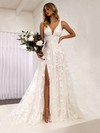Tulle V-neck Sweep Train A-line Appliques Lace Wedding Dresses #PWD00023845