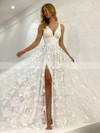 Tulle V-neck Sweep Train A-line Appliques Lace Wedding Dresses #PWD00023845