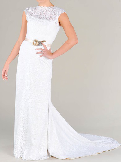 Scalloped Neck White Lace with Sashes/Ribbons Vintage Sheath/Column Wedding Dresses #PWD00020479