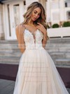 Tulle V-neck Court Train A-line Appliques Lace Wedding Dresses #PWD00023850