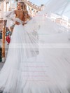 Tulle Off-the-shoulder Sweep Train A-line Beading Wedding Dresses #PWD00023852