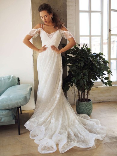 Lace V-neck Sweep Train A-line Wedding Dresses #PWD00023853