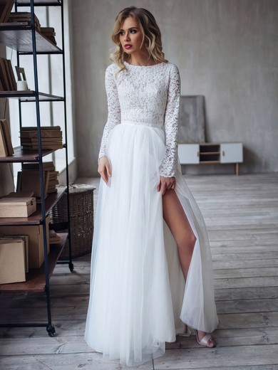 Tulle Scoop Neck Sweep Train A-line Beading Wedding Dresses #PWD00023854