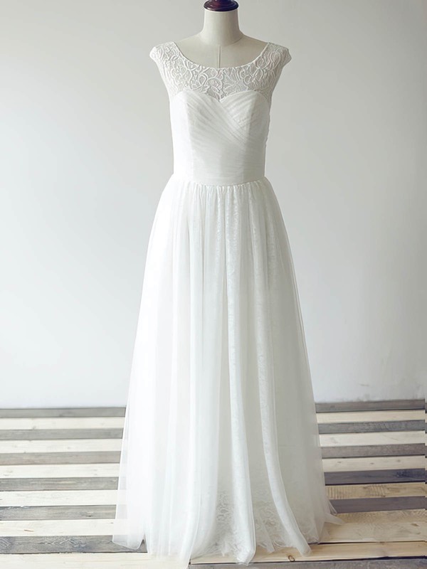 New Tulle Lace Scoop Neck Ruffles Cap Straps Floor-length White Wedding Dress #PWD00020480