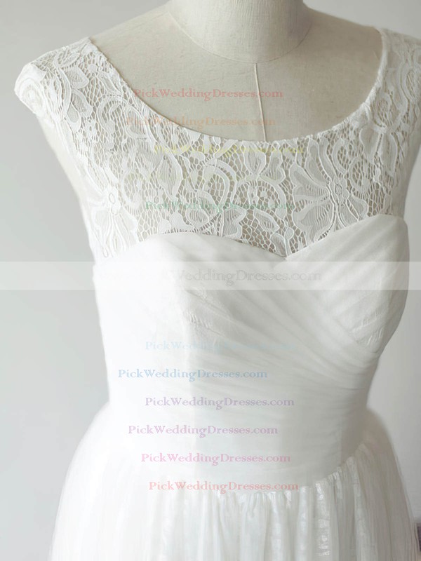 New Tulle Lace Scoop Neck Ruffles Cap Straps Floor-length White Wedding Dress #PWD00020480