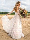 Tulle V-neck Sweep Train Ball Gown Appliques Lace Wedding Dresses #PWD00023859