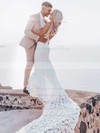 Lace V-neck Court Train Trumpet/Mermaid Split Front Wedding Dresses #PWD00023862