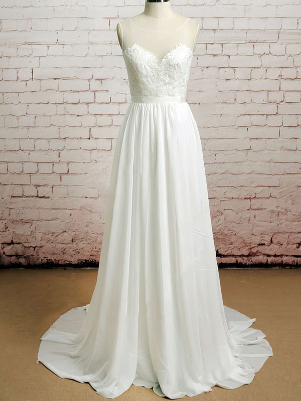 Ivory Chiffon Tulle Appliques Lace Beautiful Scoop Neck Buttons Wedding Dresses #PWD00020482
