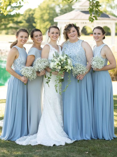 Chiffon Scoop Neck Floor-length A-line Appliques Lace Bridesmaid Dresses #PWD01013779