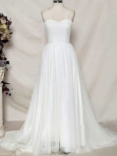 Sweetheart White Tulle Appliques Lace Covered Button Sweep Train Wedding Dress #PWD00020484