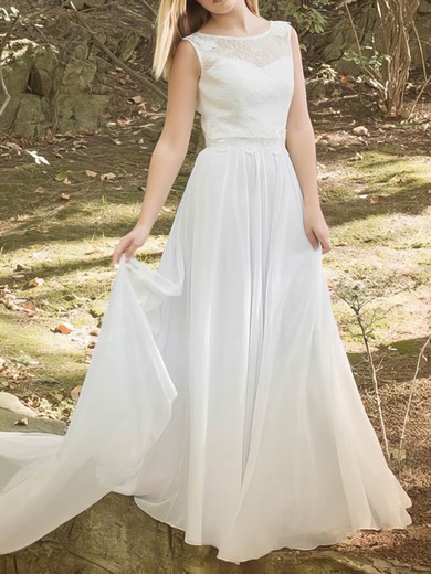 Scoop Neck White Chiffon and Court Train Lace Online Wedding Dresses #PWD00020486