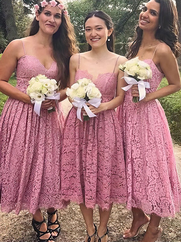 Lace V-neck Tea-length A-line Bridesmaid Dresses #PWD01013850
