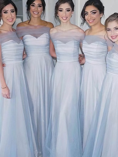 Tulle Strapless Sweep Train A-line Bridesmaid Dresses #PWD01013866
