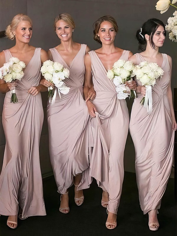 Silk-like Satin V-neck Floor-length A-line Ruffles Bridesmaid Dresses #PWD01013867