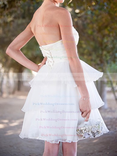 Sweet Short/Mini White Tiered Organza with Lace-up Ball Gown Wedding Dresses #PWD00020492