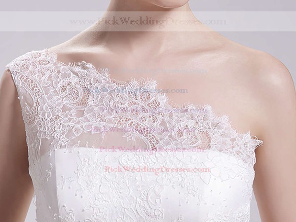 Amazing White Satin One Shoulder Lace Covered Button Ball Gown Wedding Dress #PWD00020493