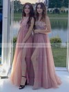 Tulle Glitter V-neck Sweep Train A-line Split Front Bridesmaid Dresses #PWD01013896