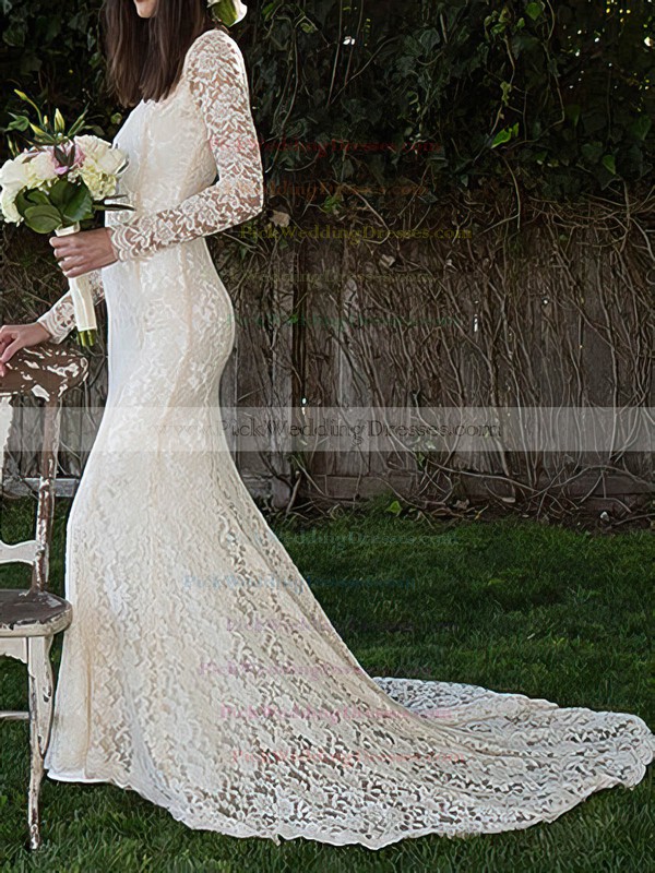 Vintage Lace High Neck Ivory Sheath/Column Long Sleeve Wedding Dress #PWD00020495