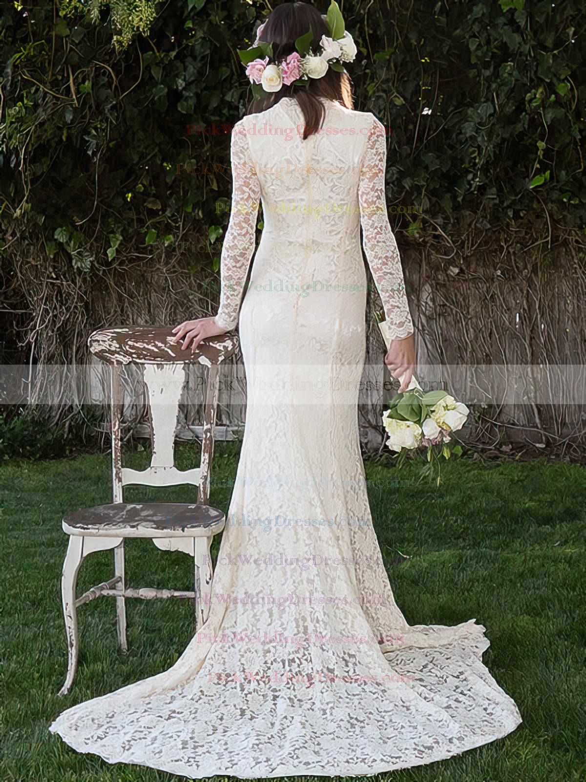 Shop Vintage Lace High Neck Ivory Sheath Column Long Sleeve Wedding Dress NZ