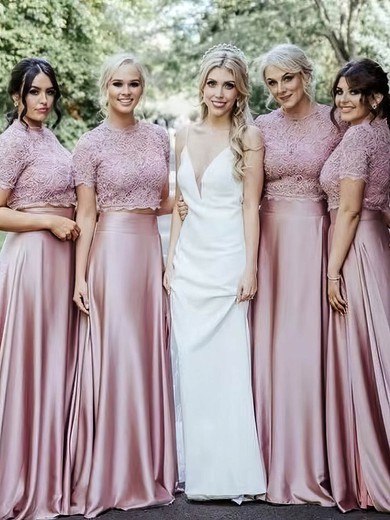 Lace Silk-like Satin Scoop Neck Sweep Train A-line Bridesmaid Dresses #PWD01013904