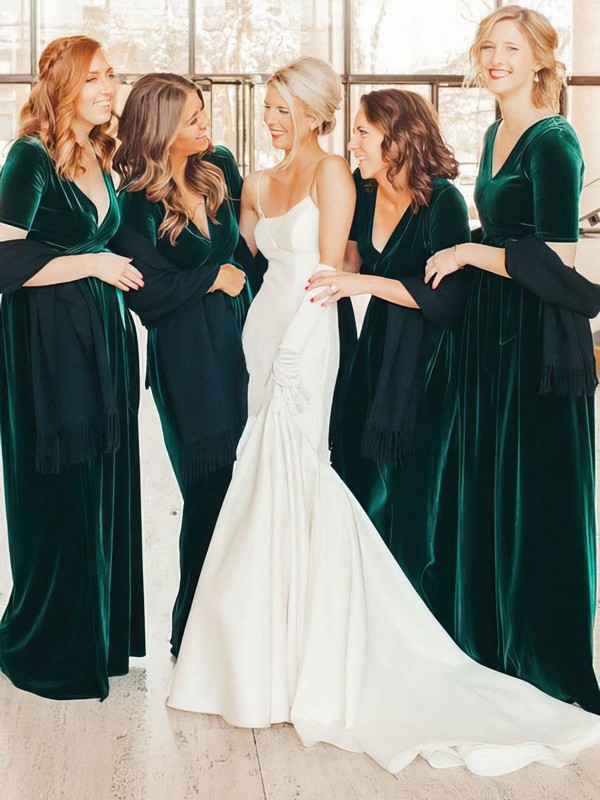 Velvet V-neck Floor-length A-line Bridesmaid Dresses #PWD01013919