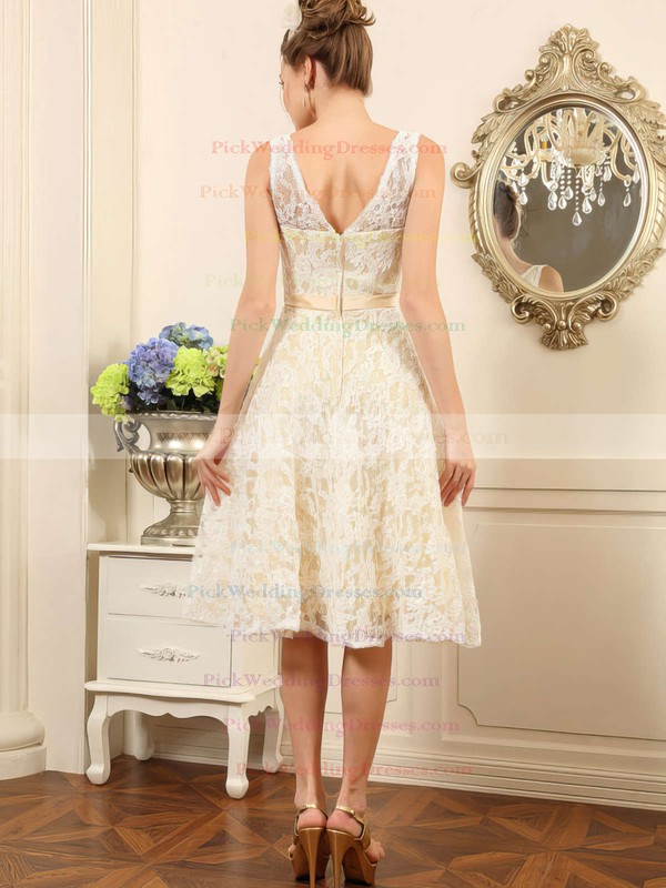 Asymmetrical Ivory Lace V-neck Sashes/Ribbons Cute High Low Wedding Dresses #PWD00020498