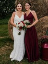 Lace V-neck Sweep Train Sheath/Column Wedding Dresses #PWD00023965