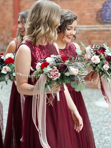 Tulle Sequined Scoop Neck Floor-length A-line Bridesmaid Dresses #PWD01014121