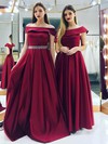 Satin Off-the-shoulder Sweep Train A-line Beading Bridesmaid Dresses #PWD01014124