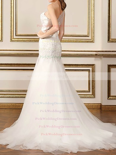 Elegant One Shoulder Tulle Appliques Lace Trumpet/Mermaid White Wedding Dresses #PWD00020500