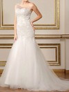 Elegant One Shoulder Tulle Appliques Lace Trumpet/Mermaid White Wedding Dresses #PWD00020500