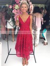 Lace V-neck Tea-length A-line Bridesmaid Dresses #PWD01014129