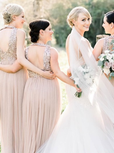 Tulle Glitter Scoop Neck Sweep Train A-line Bridesmaid Dresses #PWD01014138
