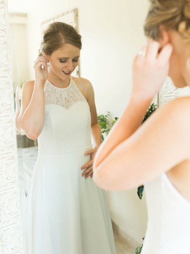 Lace Chiffon Halter Sweep Train A-line Wedding Dresses #PWD00023867