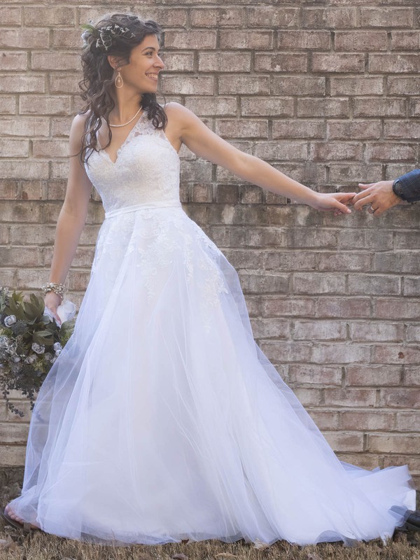 Tulle V-neck Court Train A-line Appliques Lace Wedding Dresses #PWD00023868