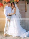 Tulle V-neck Court Train Ball Gown Appliques Lace Wedding Dresses #PWD00023872