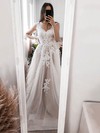 Tulle Scalloped Neck Sweep Train A-line Appliques Lace Wedding Dresses #PWD00023891