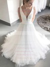 Satin Tulle V-neck Court Train A-line Wedding Dresses #PWD00023914