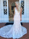 Tulle V-neck Chapel Train Trumpet/Mermaid Appliques Lace Wedding Dresses #PWD00023916